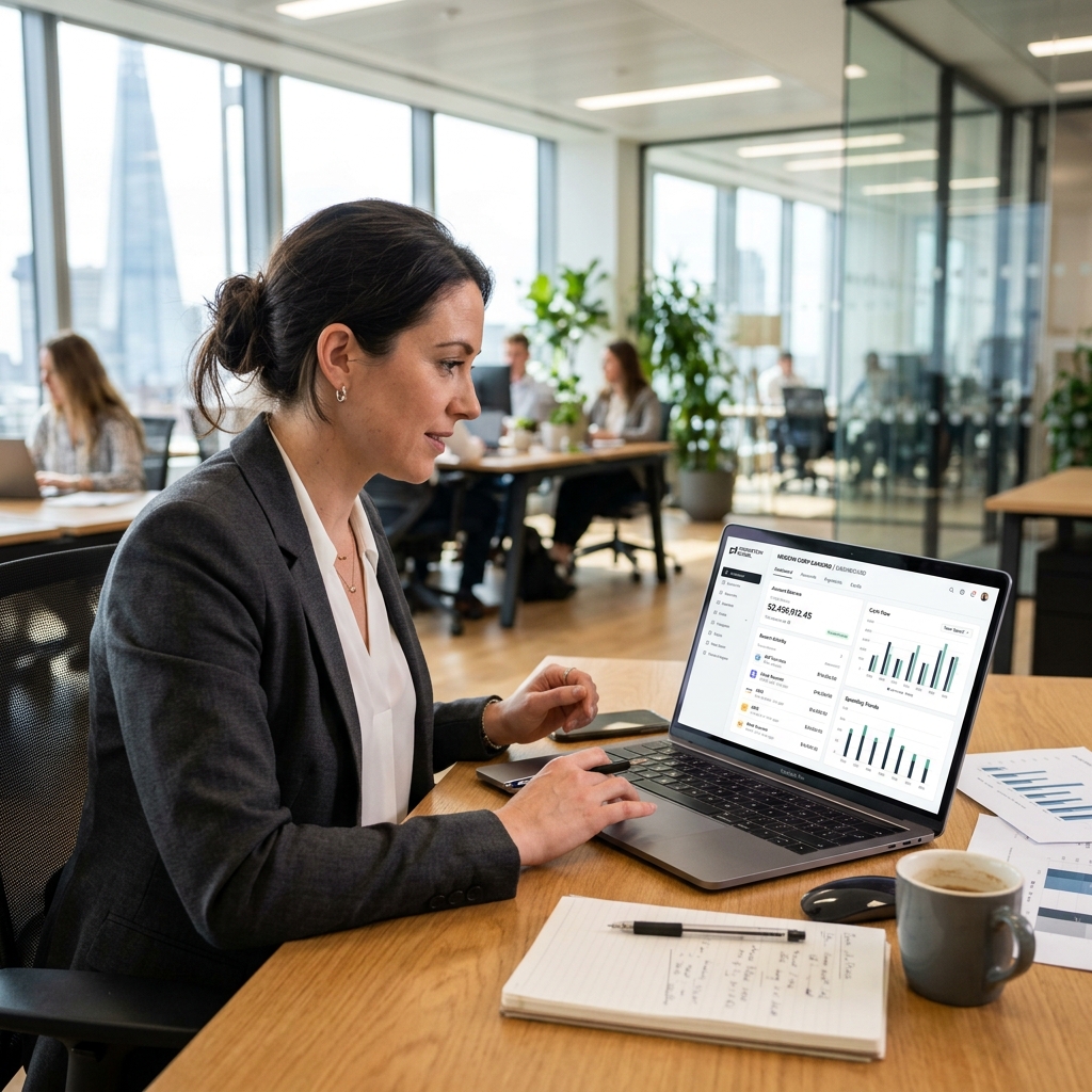 Professional reviewing corporate banking documents